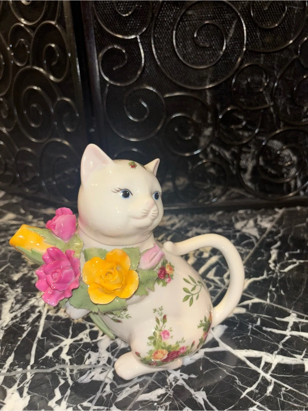 Royal Albert White Ceramic Cat Pitcher with Pink and Yellow Floral Bouquet
